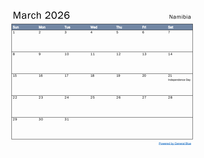 March 2026 Simple Monthly Calendar for Namibia