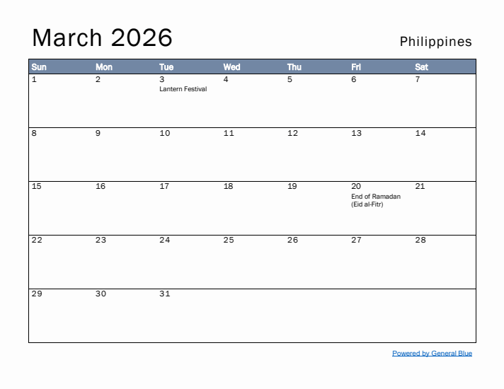 March 2026 Simple Monthly Calendar for Philippines