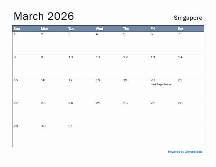 March 2026 Simple Monthly Calendar for Singapore