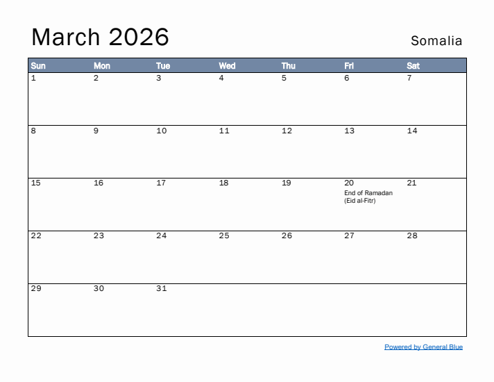 March 2026 Simple Monthly Calendar for Somalia