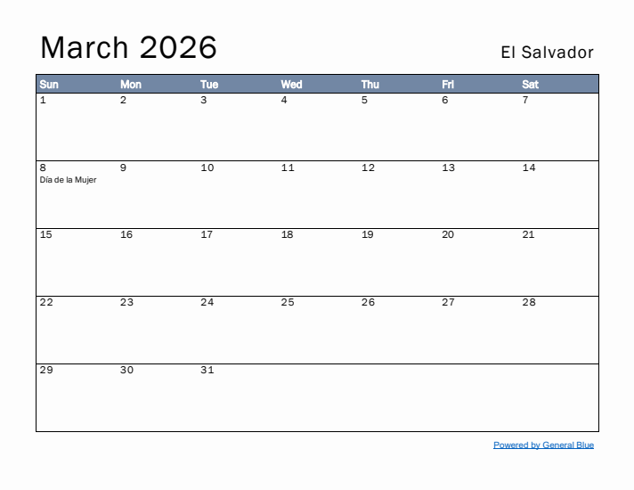 March 2026 Simple Monthly Calendar for El Salvador