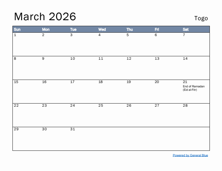 March 2026 Simple Monthly Calendar for Togo