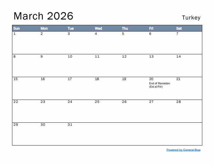 March 2026 Simple Monthly Calendar for Turkey