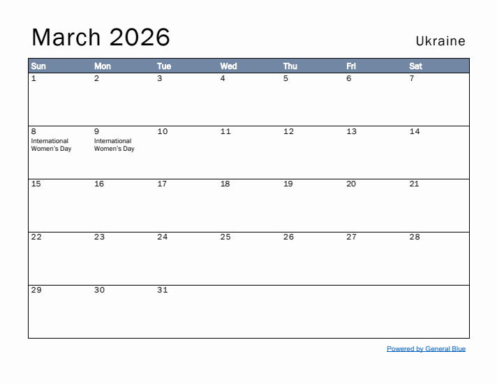 March 2026 Simple Monthly Calendar for Ukraine