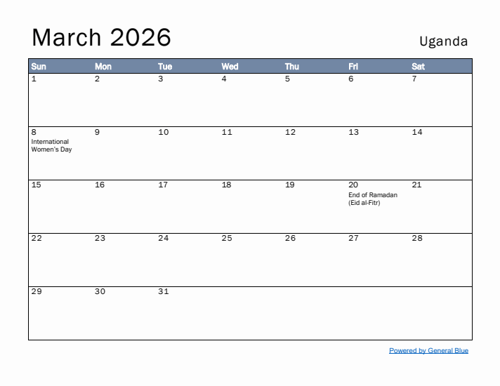 March 2026 Simple Monthly Calendar for Uganda