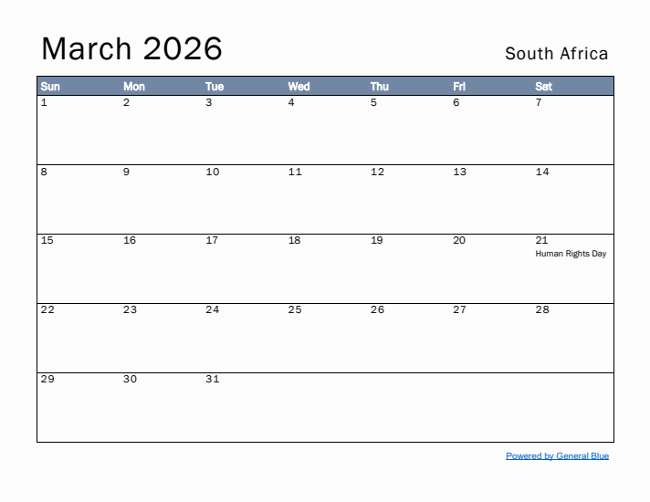 March 2026 Simple Monthly Calendar for South Africa