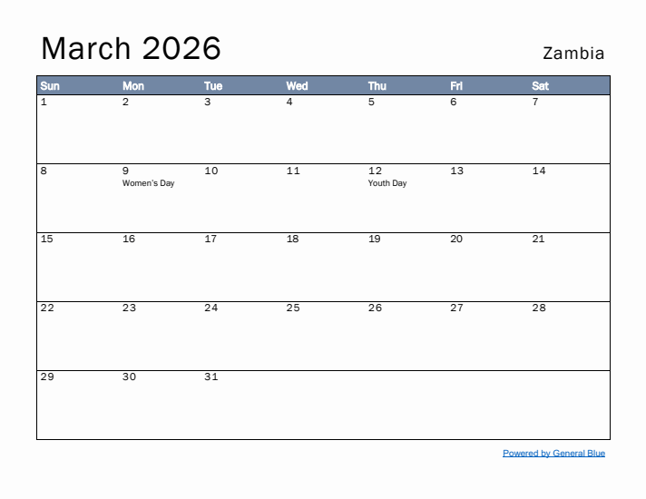 March 2026 Simple Monthly Calendar for Zambia