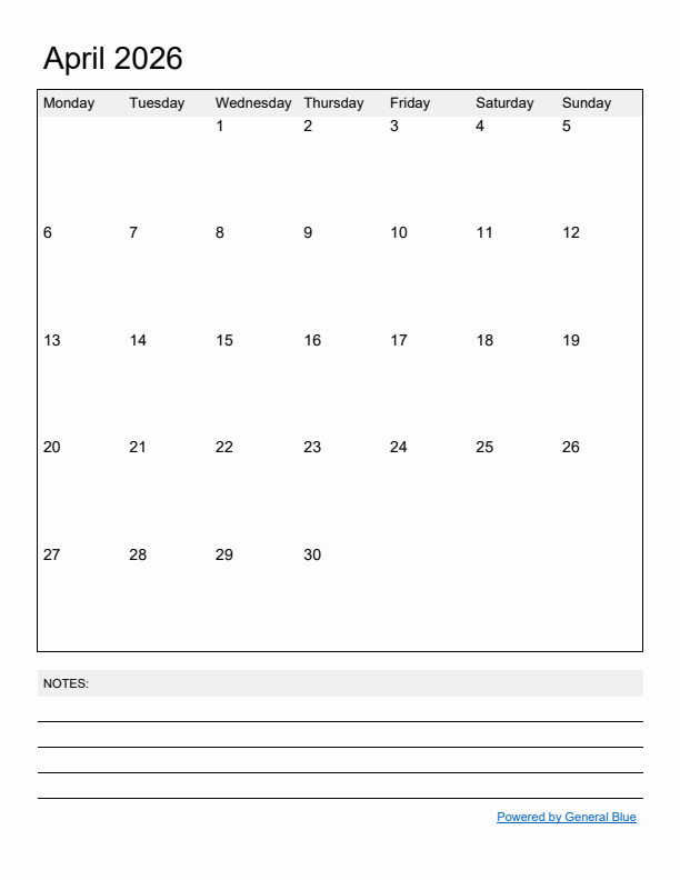 Basic Monthly Calendar Template for April 2026