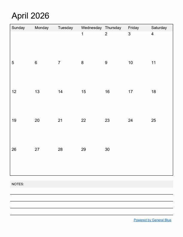 Basic Monthly Calendar Template for April 2026