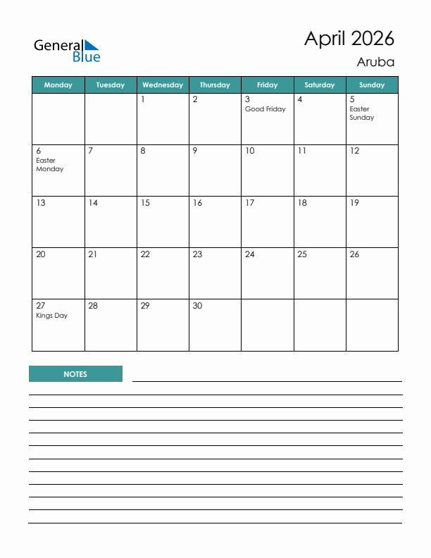 Calendar with Notes Printable - Monday Start