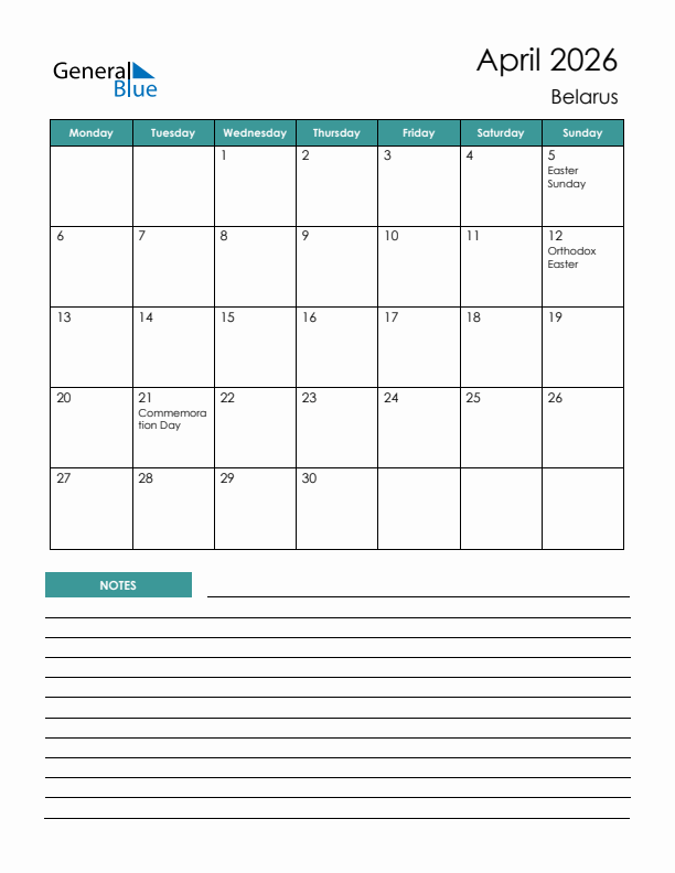 Calendar with Notes Printable - Monday Start