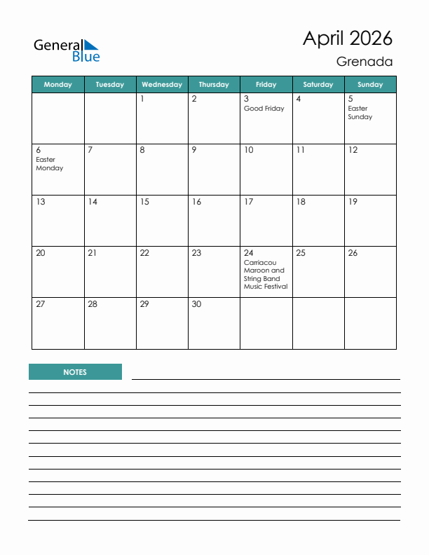 Calendar with Notes Printable - Monday Start