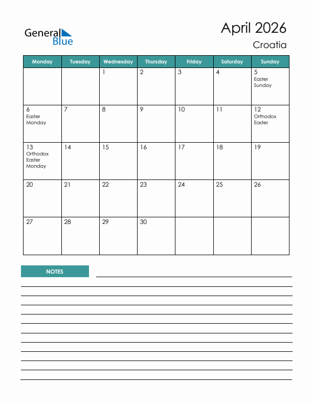 Calendar with Notes Printable - Monday Start