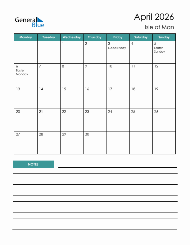 Calendar with Notes Printable - Monday Start