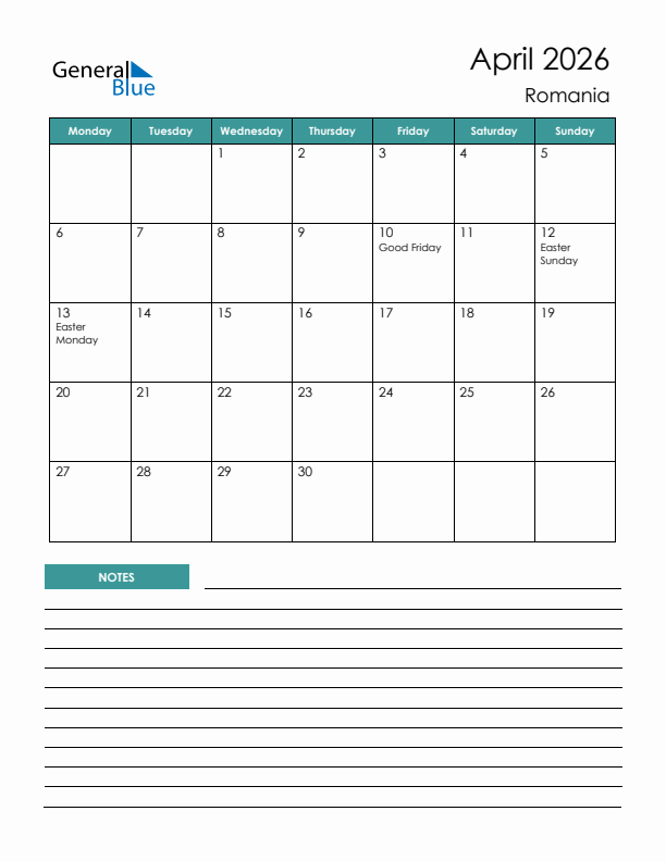 Calendar with Notes Printable - Monday Start