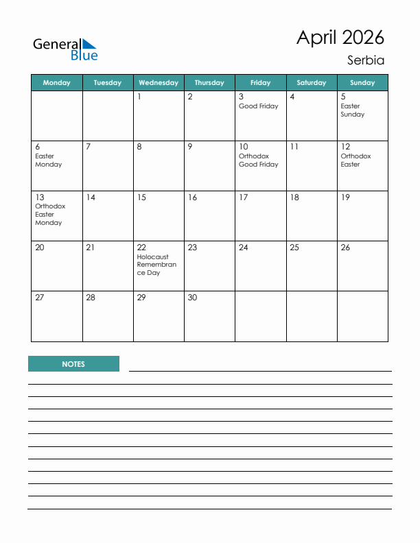 Calendar with Notes Printable - Monday Start