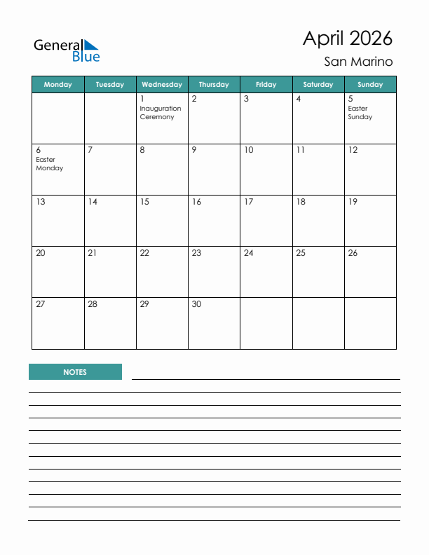 Calendar with Notes Printable - Monday Start