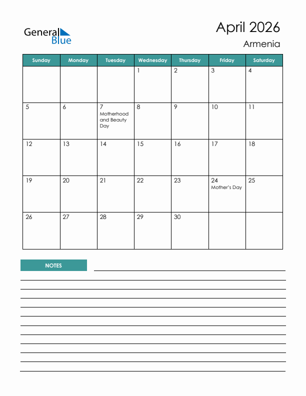 Calendar with Notes Printable - Sunday Start