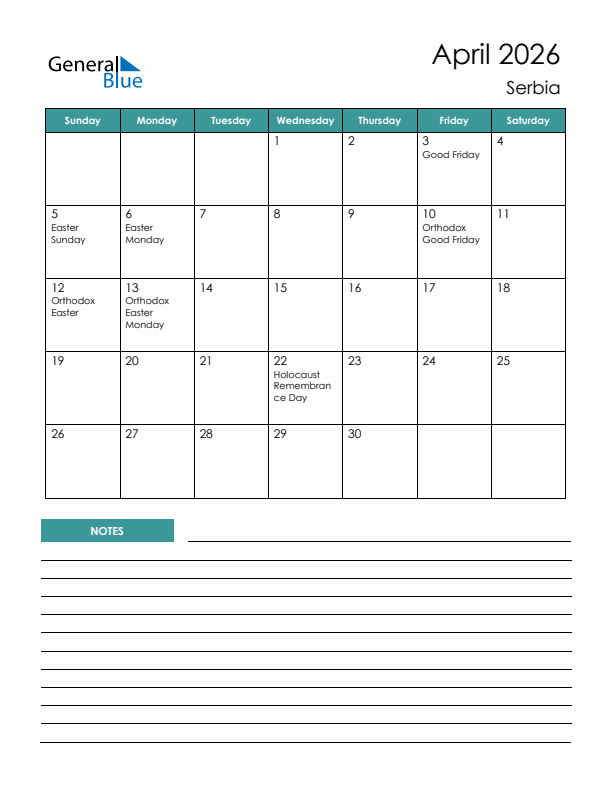 Calendar with Notes Printable - Sunday Start