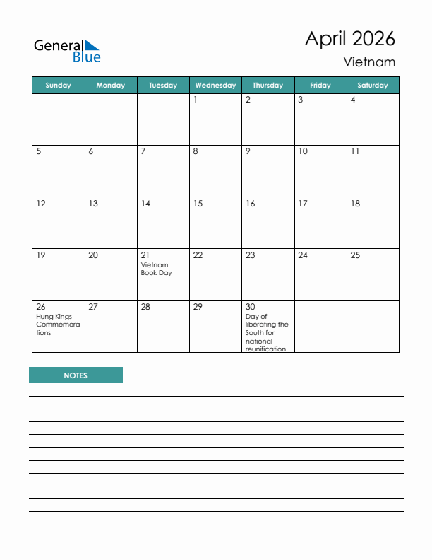 Calendar with Notes Printable - Sunday Start