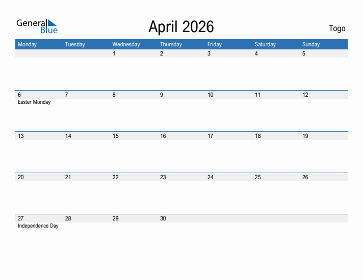 Fillable April 2026 Calendar