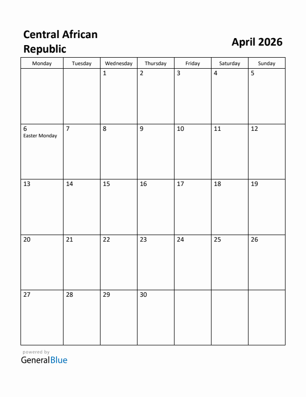 April 2026 Calendar with Central African Republic Holidays