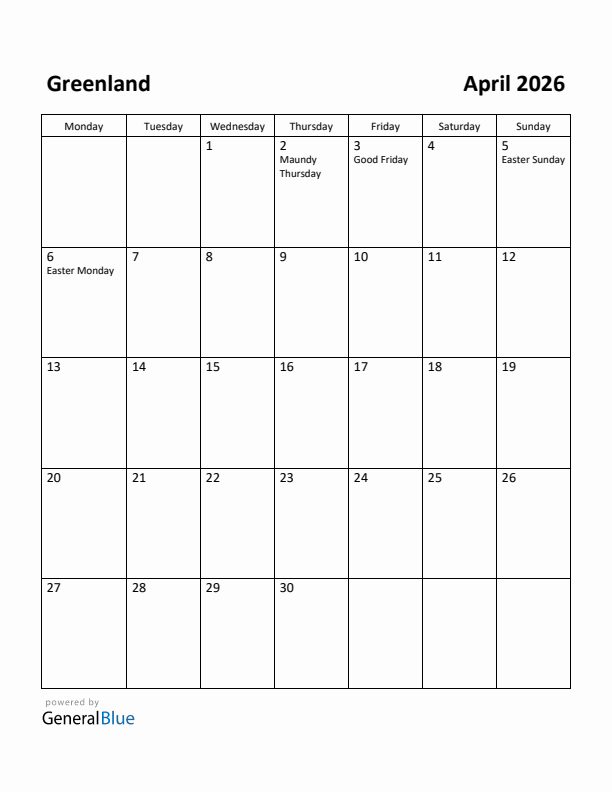 April 2026 Calendar with Greenland Holidays