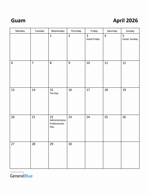 April 2026 Calendar with Guam Holidays