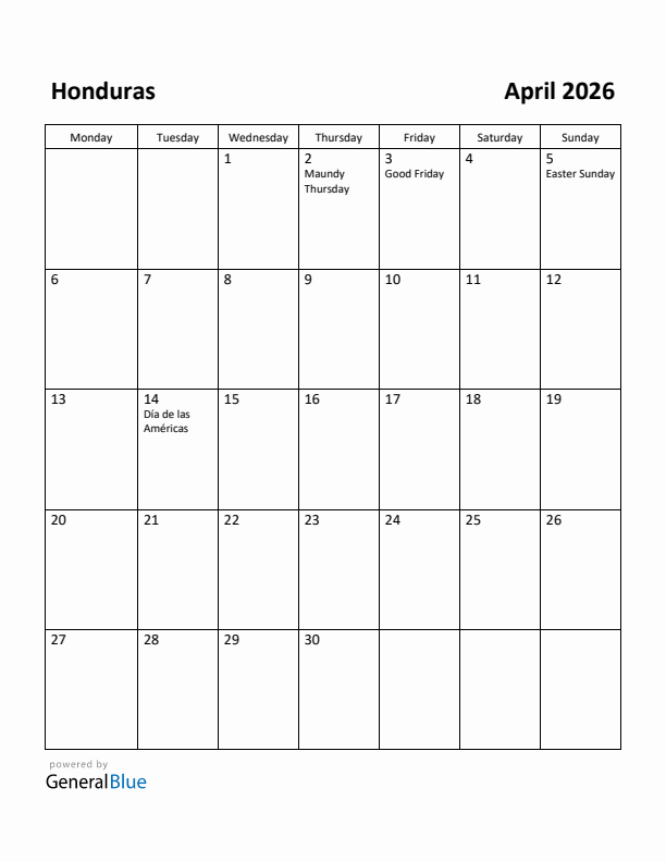 April 2026 Calendar with Honduras Holidays