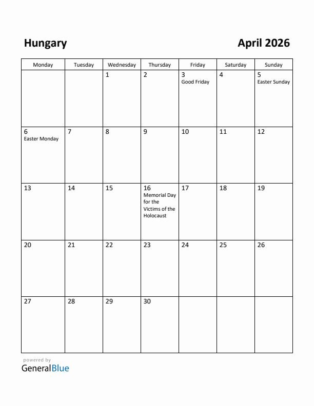 April 2026 Calendar with Hungary Holidays