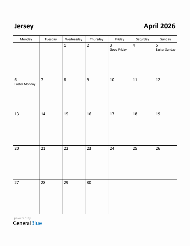 April 2026 Calendar with Jersey Holidays