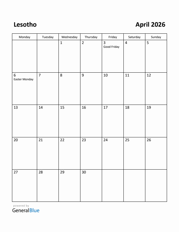 April 2026 Calendar with Lesotho Holidays