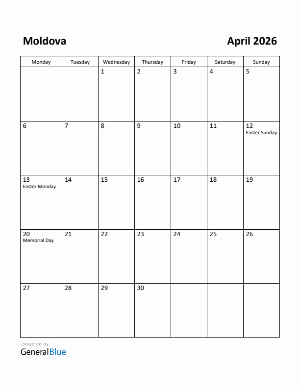 April 2026 Calendar with Moldova Holidays