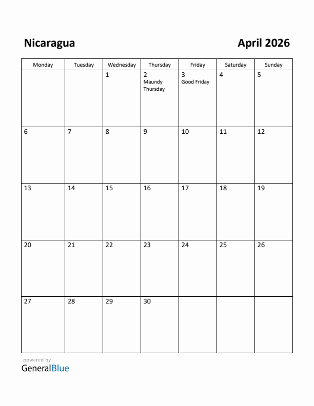 April 2026 Calendar with Nicaragua Holidays