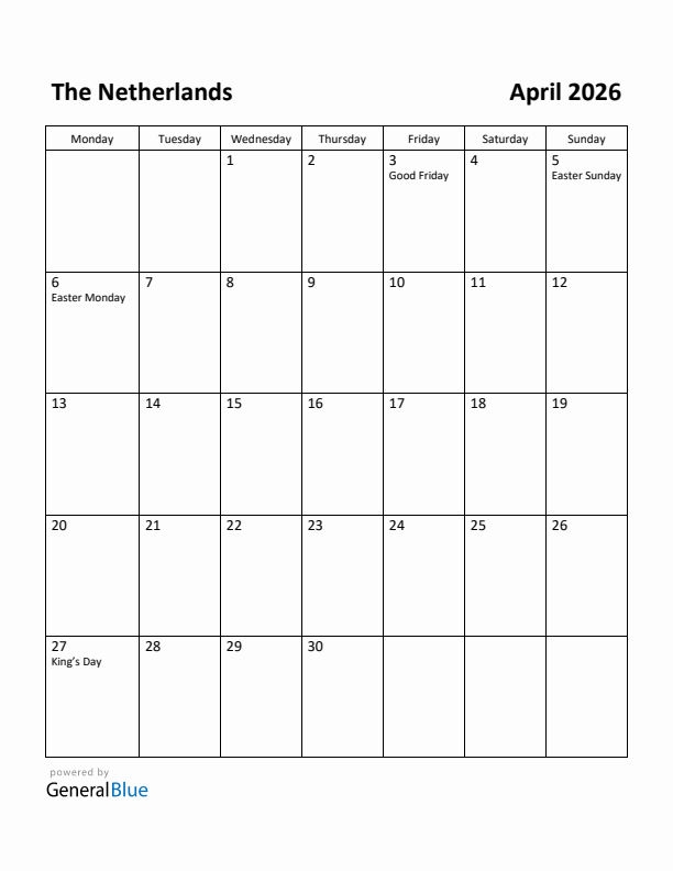 April 2026 Calendar with The Netherlands Holidays