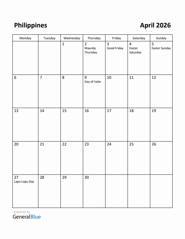 April 2026 Calendar with Philippines Holidays