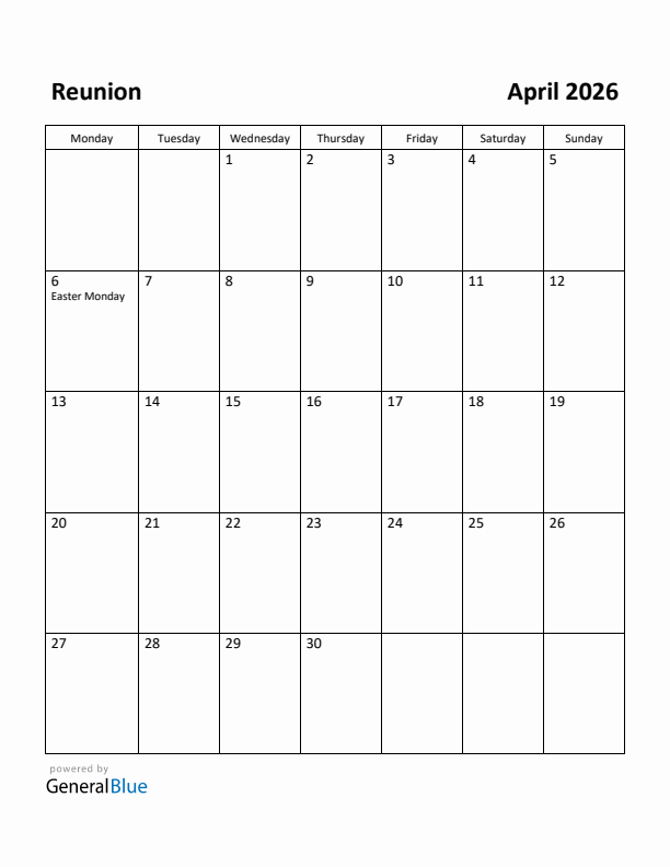 April 2026 Calendar with Reunion Holidays