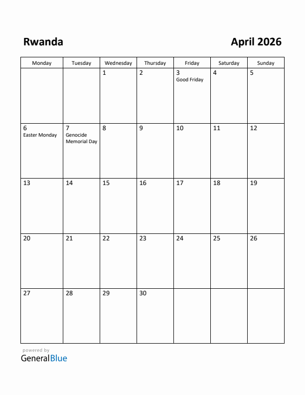 April 2026 Calendar with Rwanda Holidays