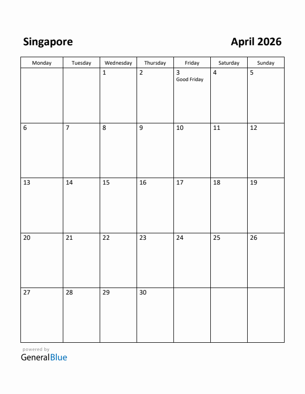 April 2026 Calendar with Singapore Holidays