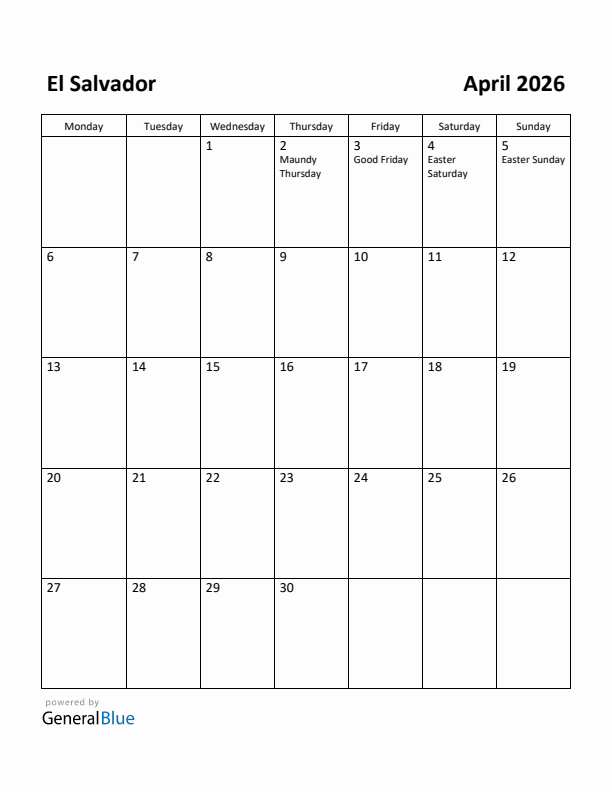 April 2026 Calendar with El Salvador Holidays