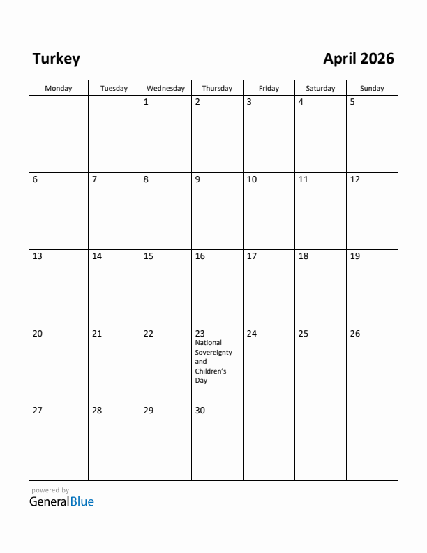 April 2026 Calendar with Turkey Holidays