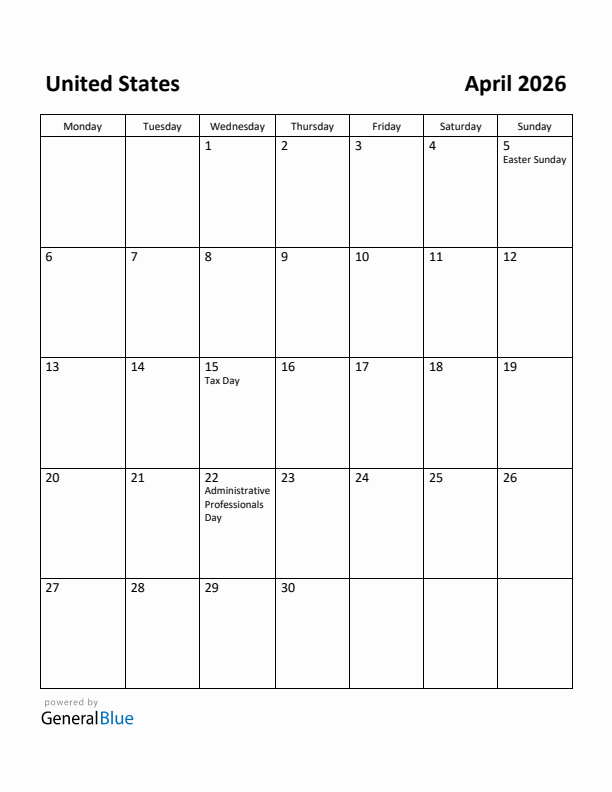 April 2026 Calendar with United States Holidays