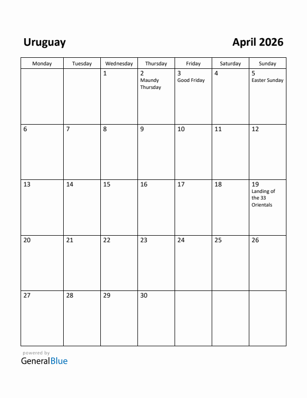 April 2026 Calendar with Uruguay Holidays