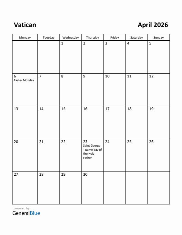 April 2026 Calendar with Vatican Holidays