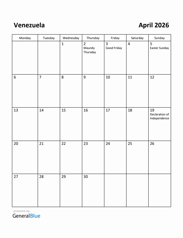 April 2026 Calendar with Venezuela Holidays