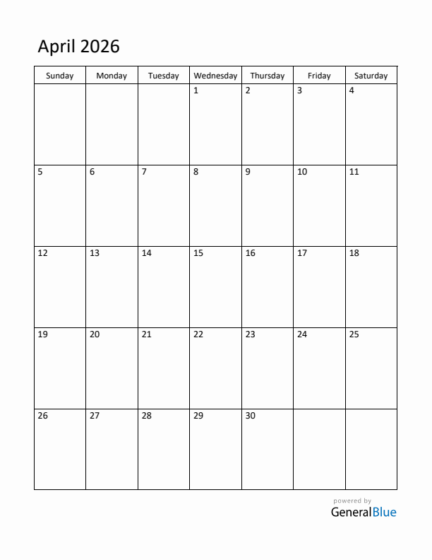 Sunday Start Calendar for April 2026