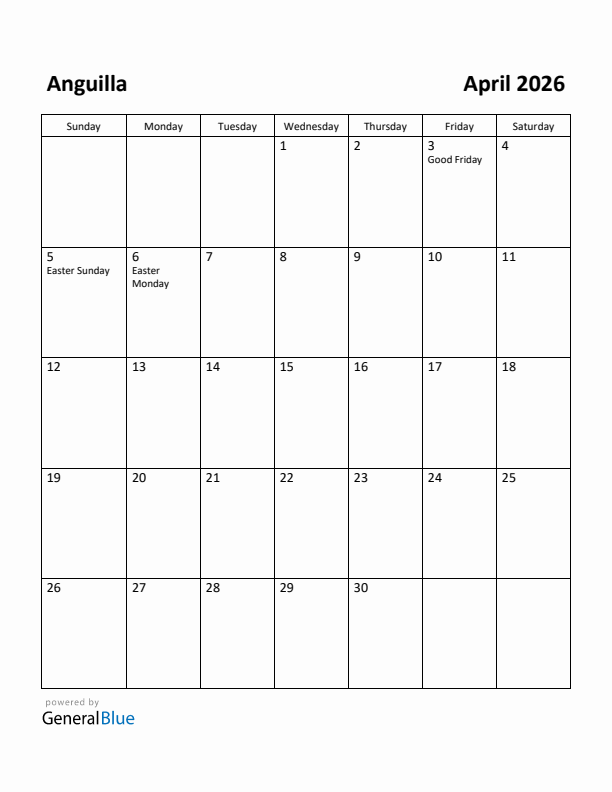 April 2026 Calendar with Anguilla Holidays