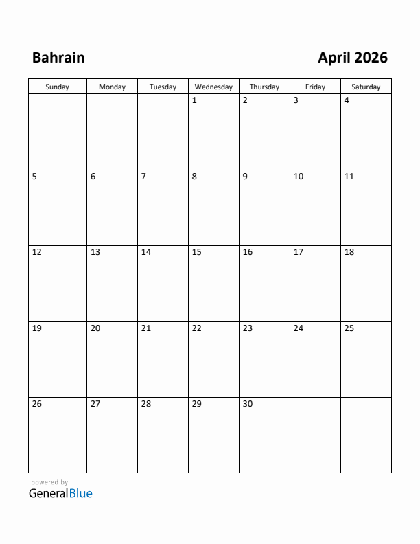 April 2026 Calendar with Bahrain Holidays