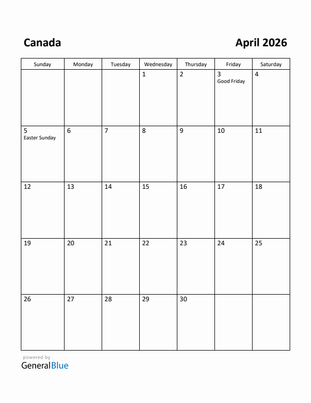 April 2026 Calendar with Canada Holidays