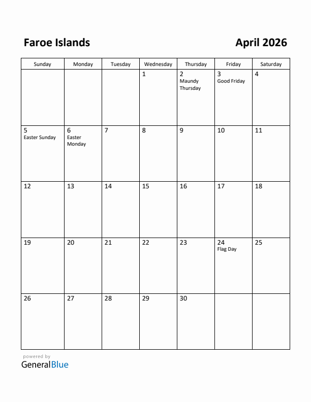 April 2026 Calendar with Faroe Islands Holidays